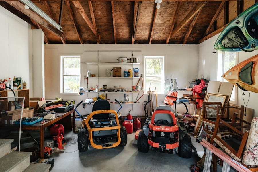 Family garage crowded with mowers, kayaks, and stored gear